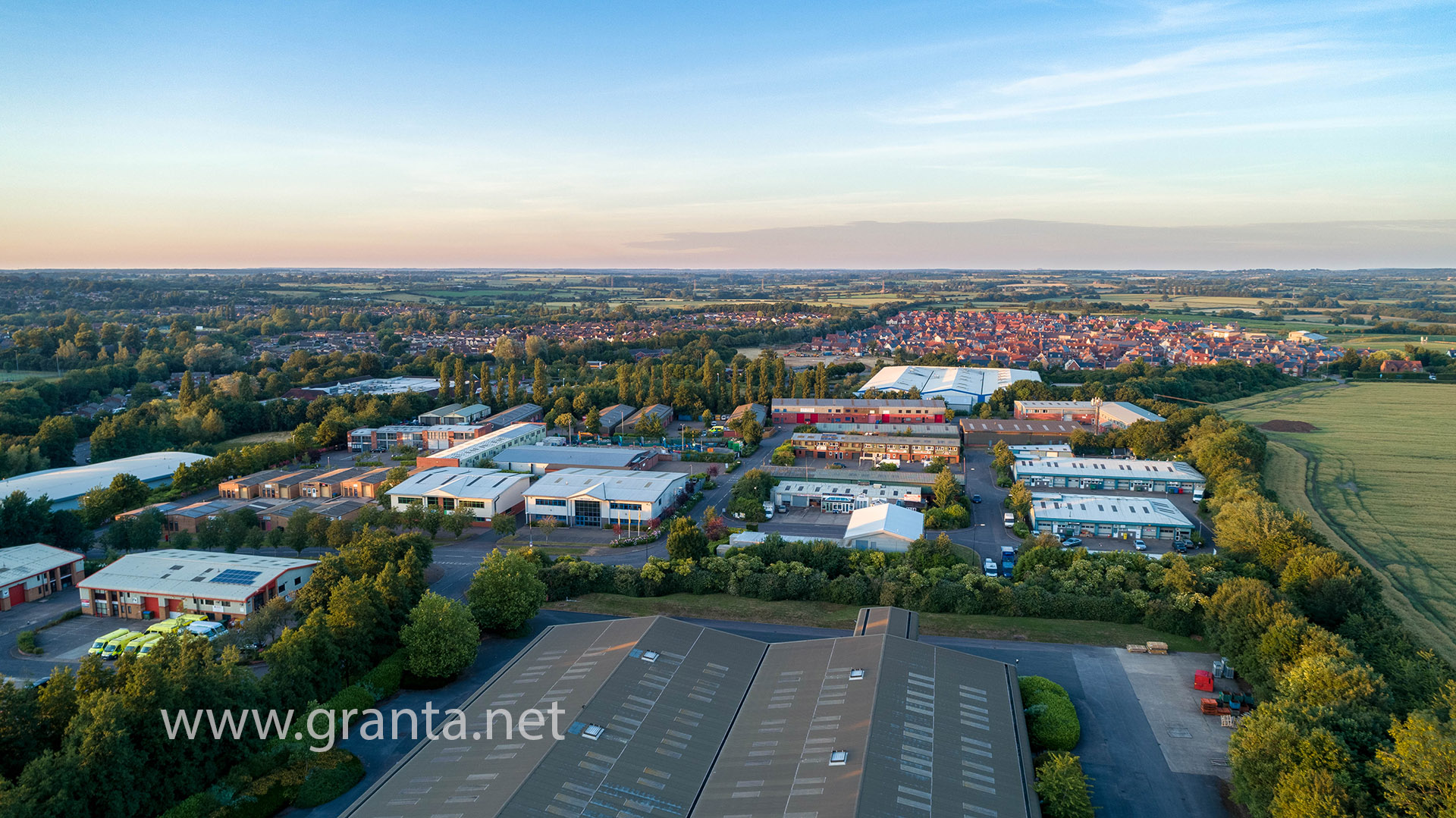 Drone photo of Buckingham industrial estate at sunset
