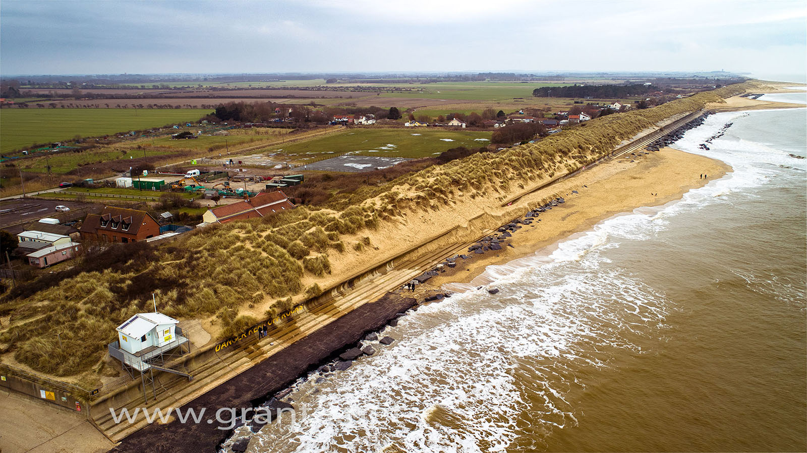 Drone photo of Sea Palling beach, in Norfolk following heavy spring storms in 2018