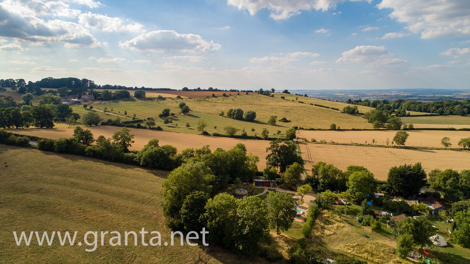 Drone photo of Campden Yurts campsite and the surrounding countryside