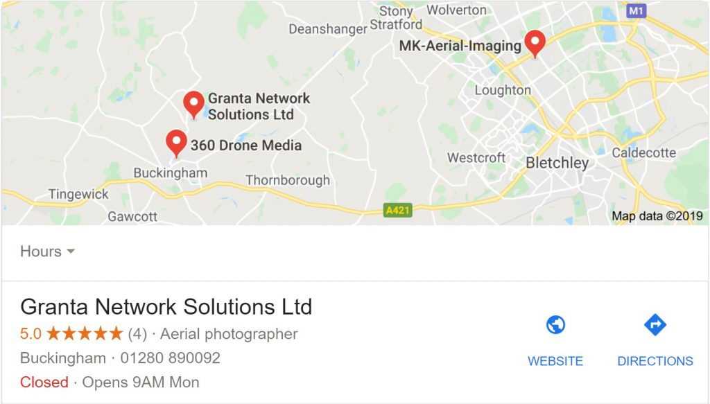 Google maps business listing for an aerial photographer in Buckingham