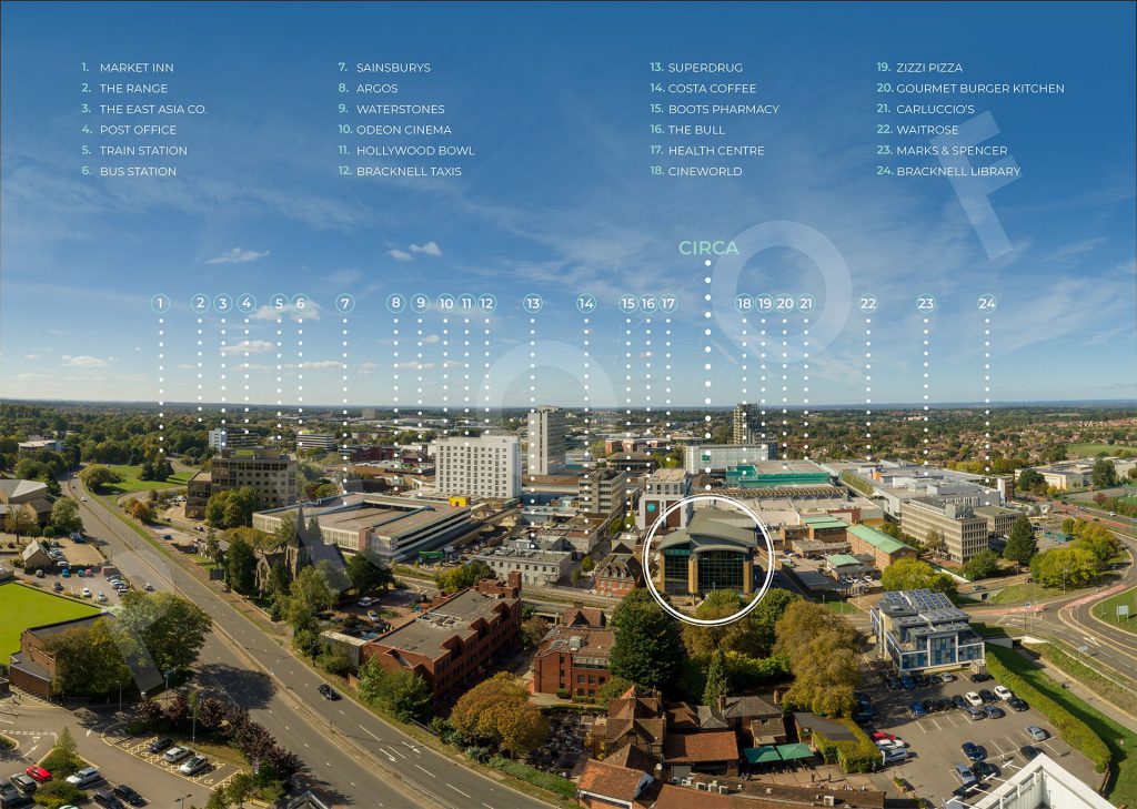 Aerial photo of Bracknell with points of interested highlighted. Taken by Granta Network Solutions