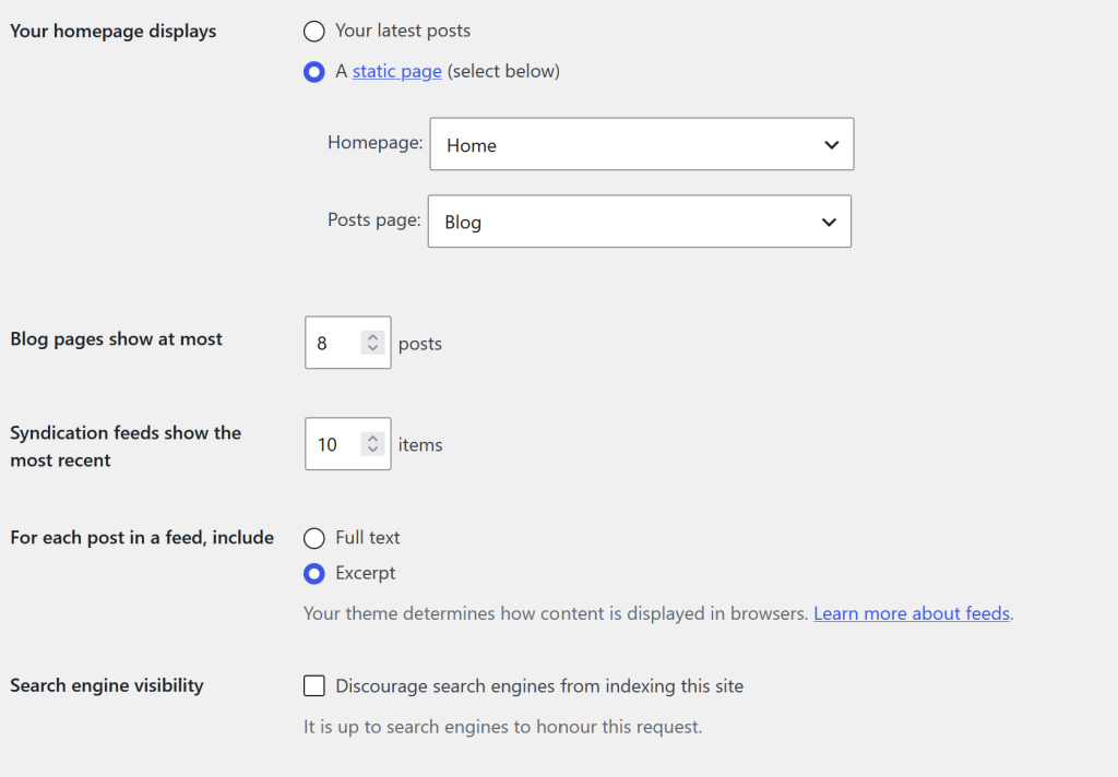 Reading settings in WordPress